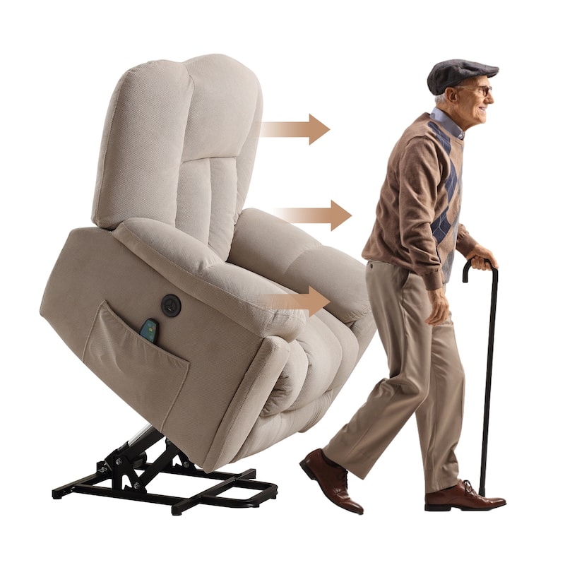 Grey Lift Recliner for Seniors with Heated Massage, USB Port, Side Pockets, and Durable Fabric Upholstery