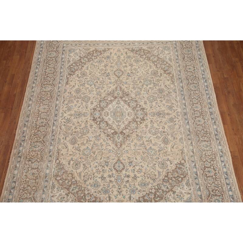 Hand Knotted Oriental 100% Wool Carpet Traditional Floral Beige & Ivories Mashad Area Rug - 11' 1'' X 8' 1''
