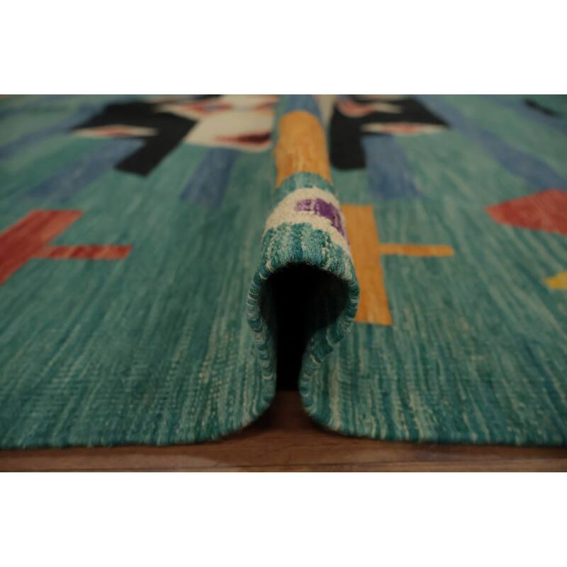 Hand Woven Oriental 100% Wool Carpet Southwestern Tribal Green Kilim Area Rug - 14' 10'' X 6' 9''