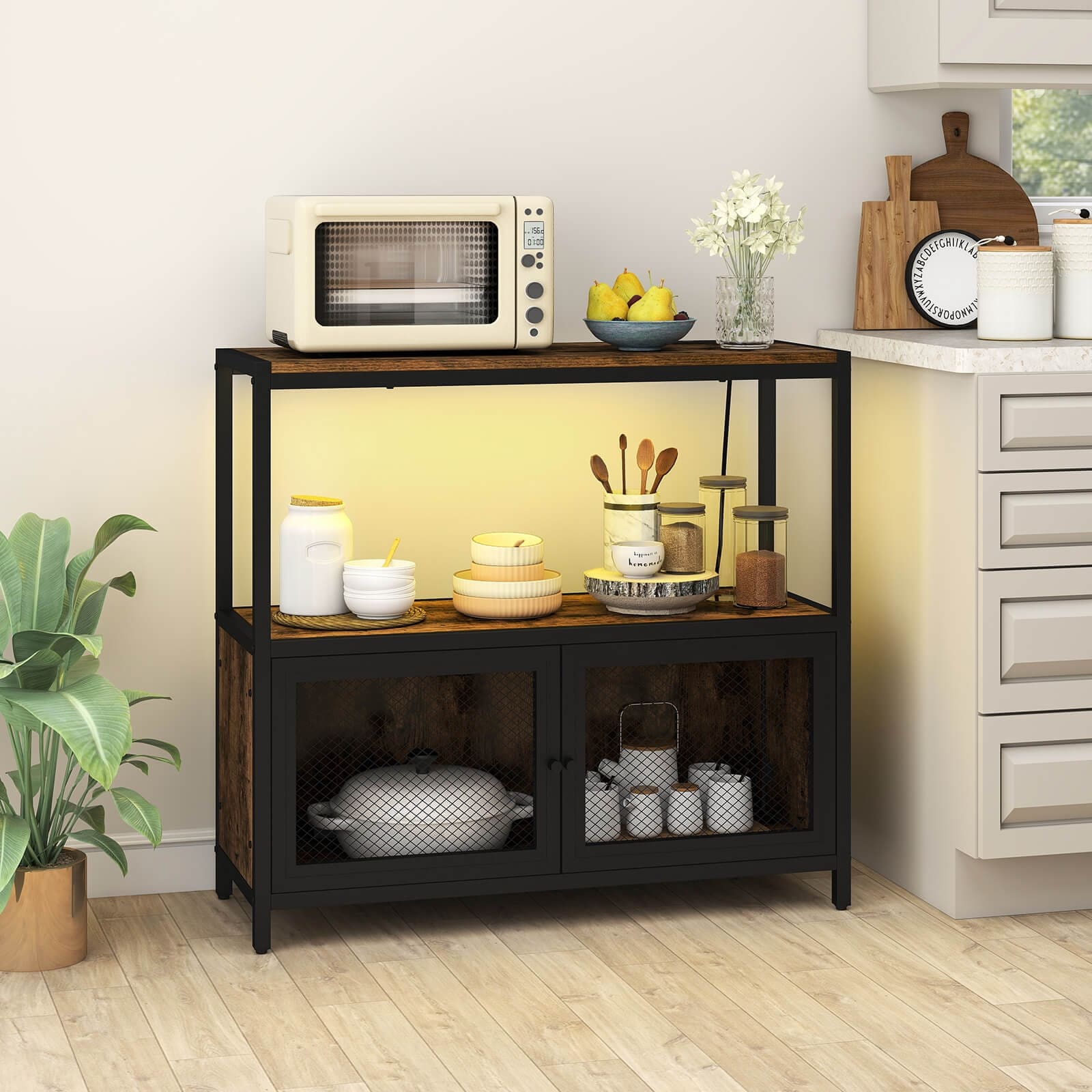 Costway Coffee Bar Cabinet with LED Lights, Industrial Buffet - See Details