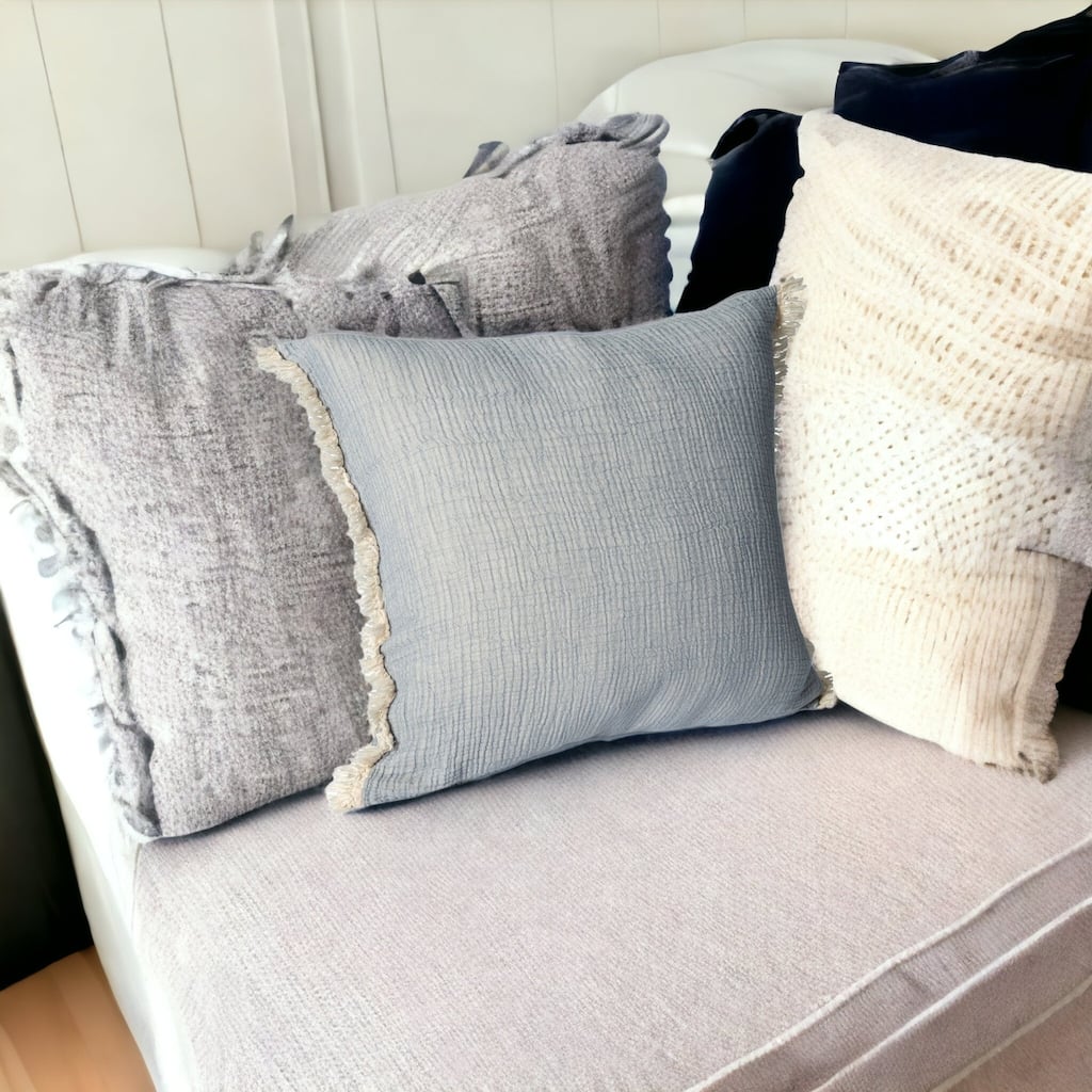 HomeRoots 20" X 20" Blue Cotton Zippered Down Pillow With Fringe