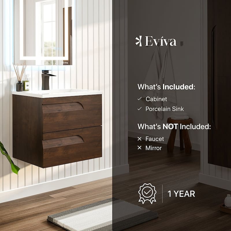 Joy 24"W Rosewood Wall Mount Bath Vanity with Porcelain Top