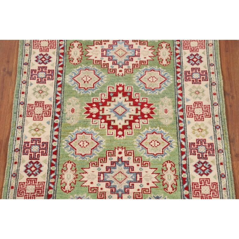Light Green Geometric Kazak Oriental Accent Rug Handmade Wool Carpet - 2'7" x 3'10"