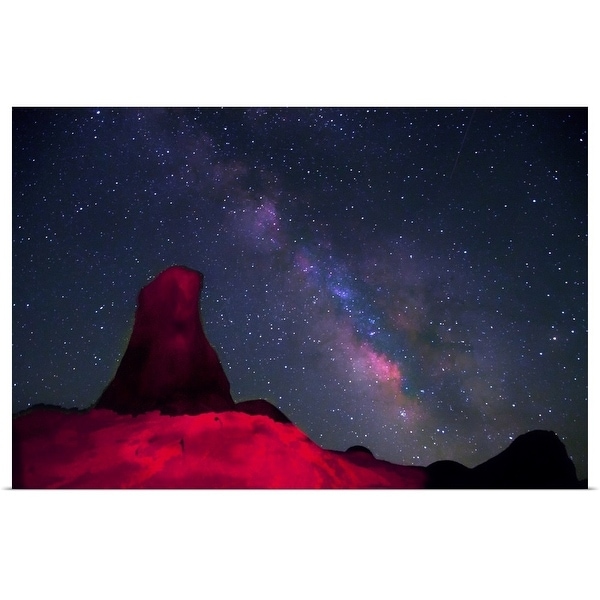 "Alabama Hills, rock tower painted with red light with stars and Milky way in sky" Poster Print