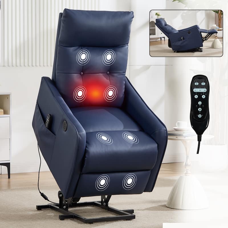 PU Leather Recliner with Single Motor Lift Massage Heat and 155 Degree Recline - Blue