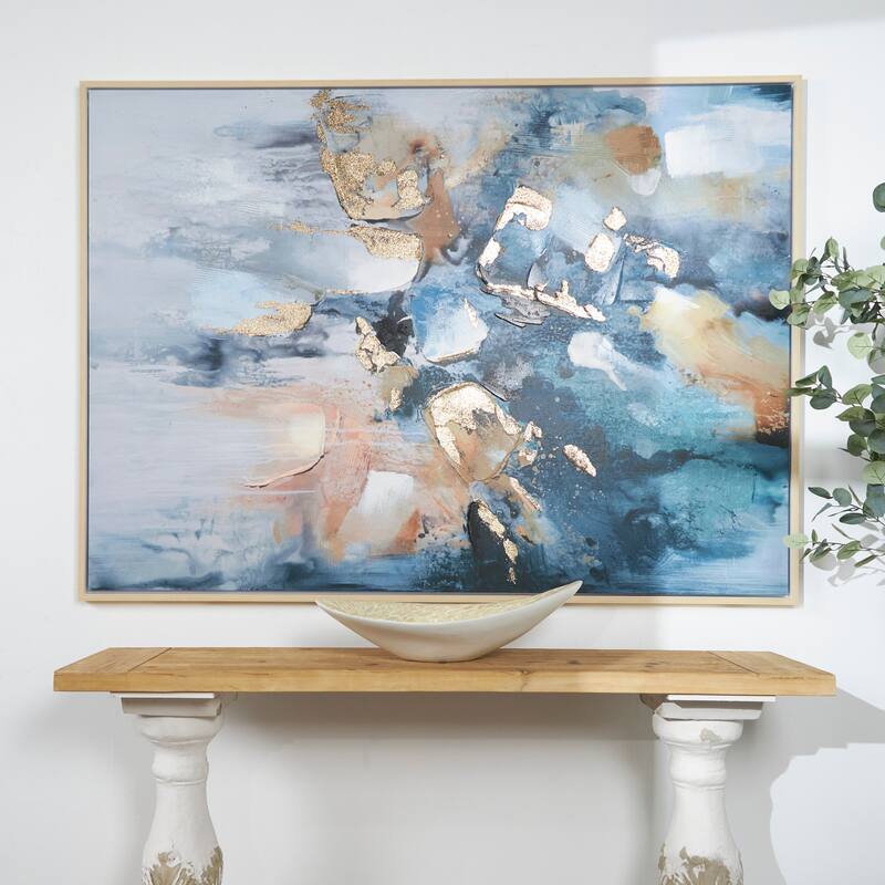 Canvas Abstract Watercolor Blotch Framed Wall Art with Gold Foil Accents - Blue - Roche River Decor