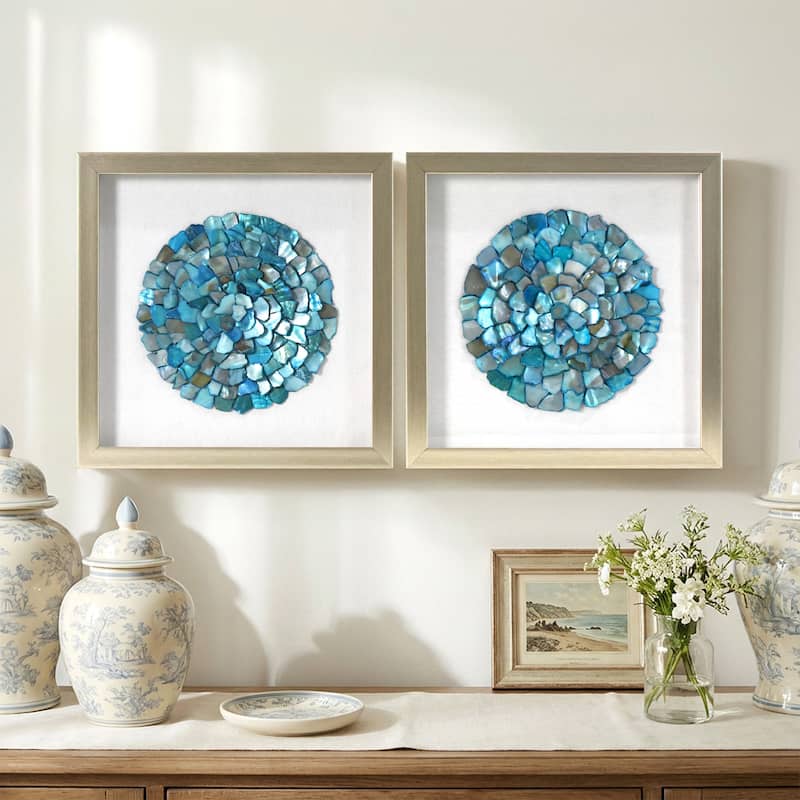 American Art Decor 2-Piece Coastal Seashell & Sea Glass Shadowbox Framed Wall Art Set