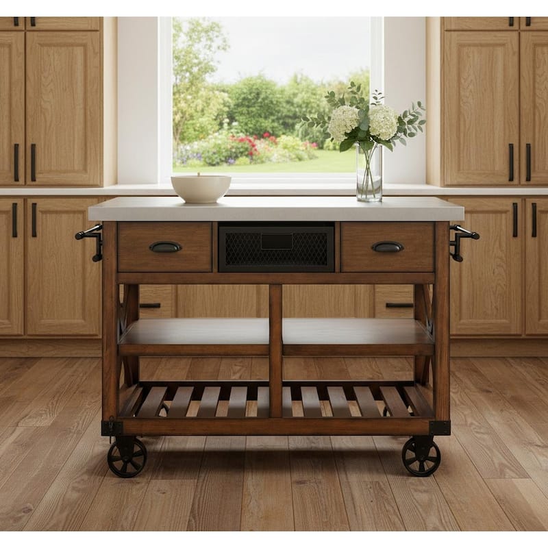 HomeRoots Brown And Silver 48" Rolling Kitchen Cart With Storage - 48.00 in. x 36.00 in. x 26.00 in. - Kitchen Cart