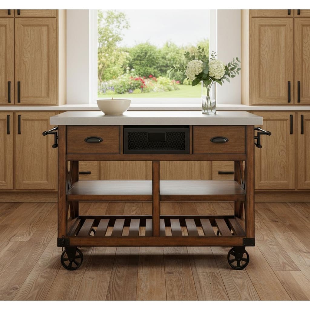 HomeRoots Brown And Silver 48" Rolling Kitchen Cart With Storage - 48.00 in. x 36.00 in. x 26.00 in.