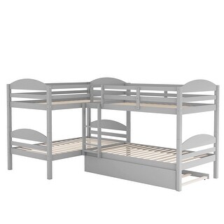 L-Shaped Twin Bunk Bed with Trundle & Safety Barriers - Space-Saving Design
