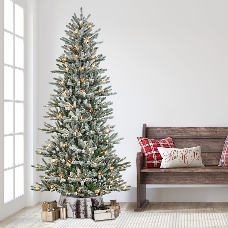 Puleo International 7.5' Pre-Lit Flocked Franklin Fir Artificial Christmas Tree with Matching Skirt