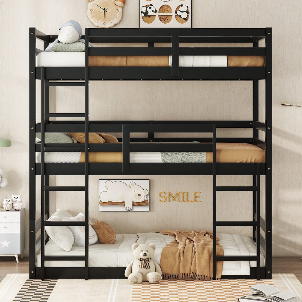 Triple Twin Bunk Bed with Built-in Ladders and Guardrails, Space-saving Design, Detachable, Black