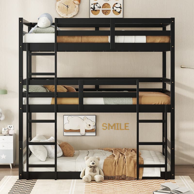Triple Twin Bunk Bed with Built-in Ladders and Guardrails, Space-saving Design, Detachable, Black - Black
