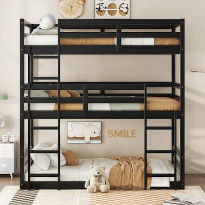 Triple Twin Bunk Bed with Dual Ladders & Guardrails (200lb Capacity per Level)