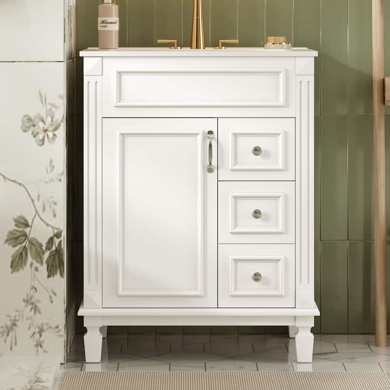 24" Modern Bathroom Vanity with Ceramic Sink and 2 Drawers, Adjustable Shelf - White