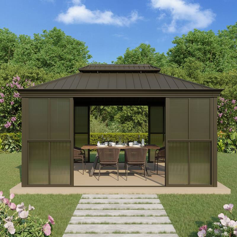 Hardtop Gazebo with Double Steel Roof, Sliding/Lockable Doors & Screens - All-Season Rustproof Aluminum Frame，Advanced Drainage