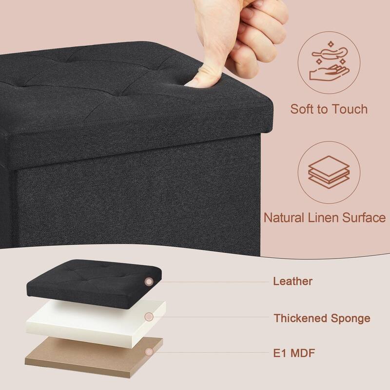 Javlergo 15" Foldable Storage Ottoman, Tufted Linen Foot Rest Stool/Seat Toy Chest