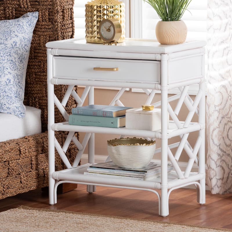 Daina Natural Rattan Nightstand with Drawer and Open Shelves- Coastal Bedside Table with Geometric Design