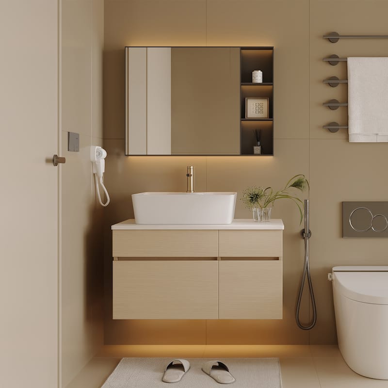 GDFStudio - Modern 31.5" Floating Wall-Mounted Bathroom Vanity with Vessel Sink, Soft-Close Drawer & Double Door Storage - Light Brown+White