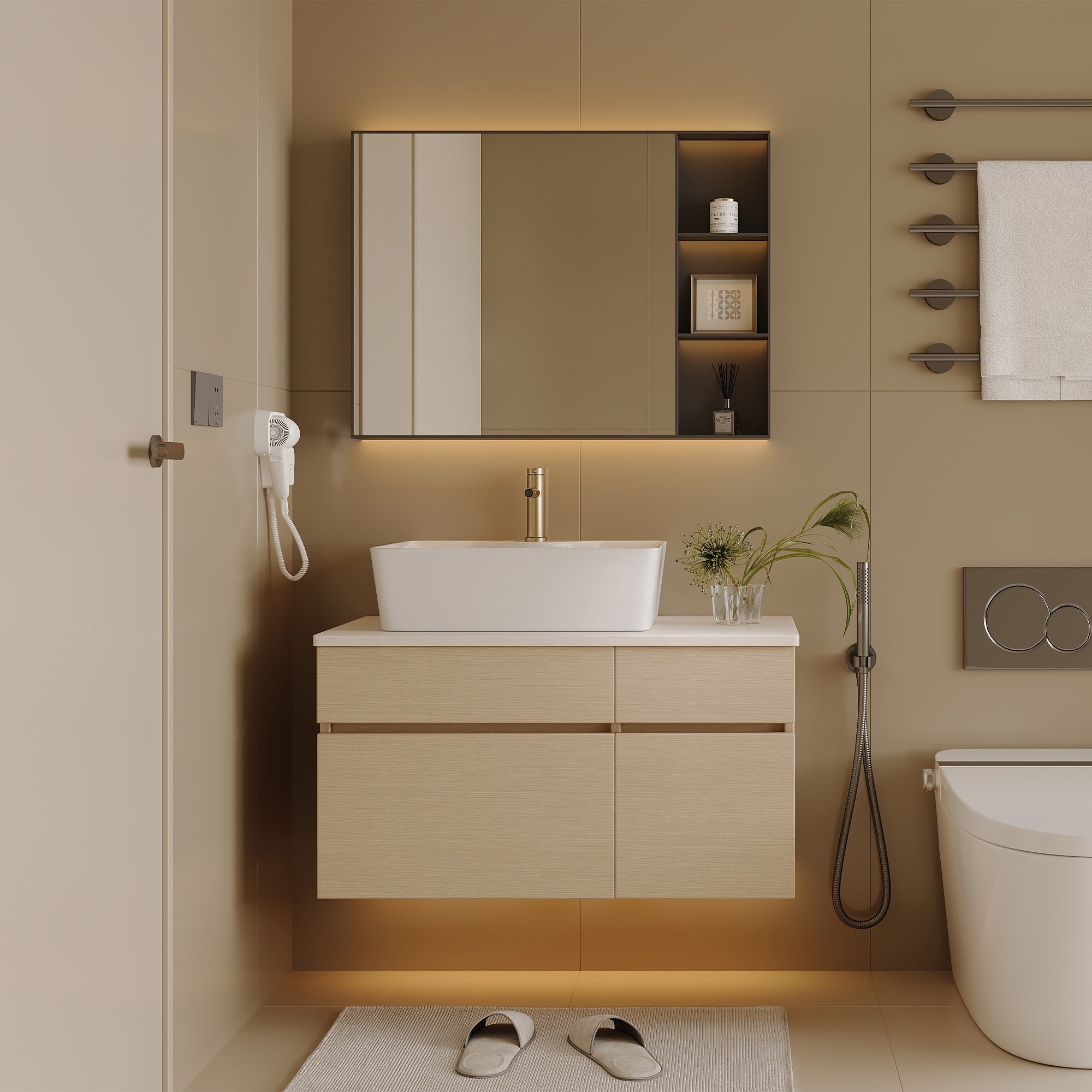 Modern Floating Bathroom Vanity with Ceramic Vessel Sink, Wall-Mounted Solid Wood Bathroom Cabinet with Soft-Close Drawers