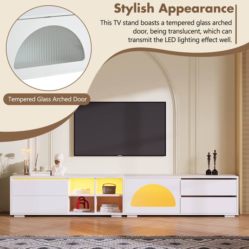 Modern APP TV Stand with Fluted Glass Door for TVs Up to 100", Media Console with Sliding Door & 2 Drawers, Adjust LED Light