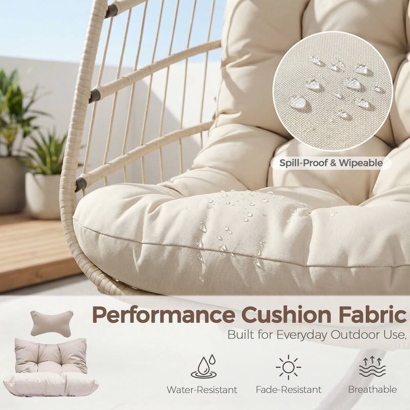 Oversized Wicker Hanging Egg Chair with Stand, Outdoor Indoor Swing Chair with Cushion, 350 lb Capacity