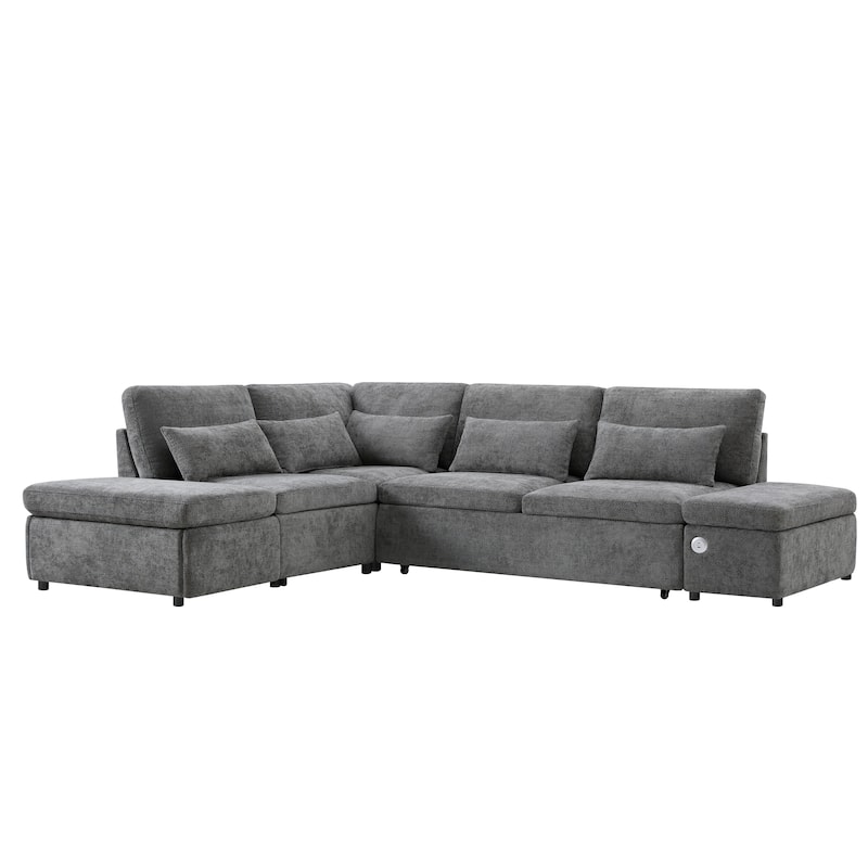 Chenille Modular Sectional Sleeper Sofa Bed with Storage Ottoman
