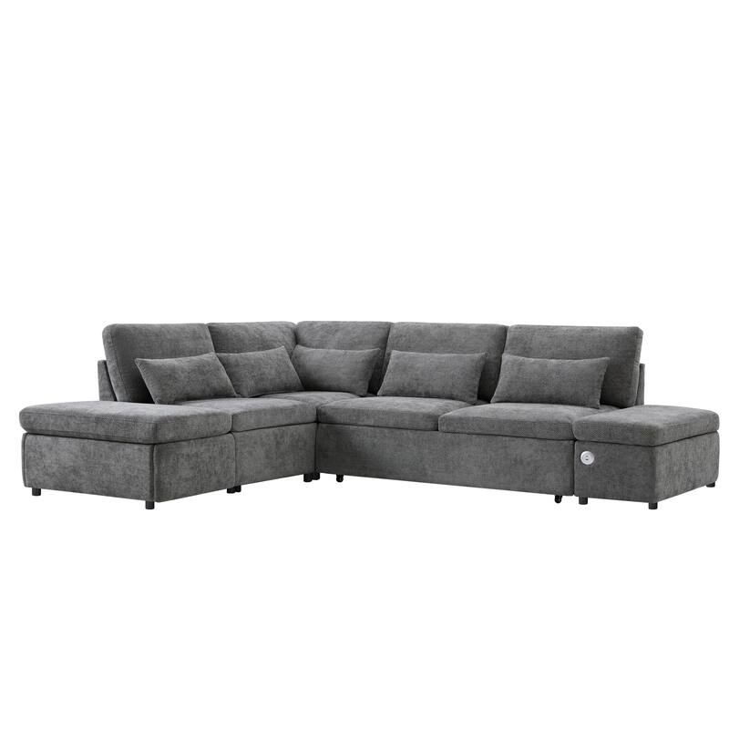 Modular Pull-Out Sectional Sofa Bed with Adjustable Charging Armrest and Storage Ottoman for Living Room Apartment