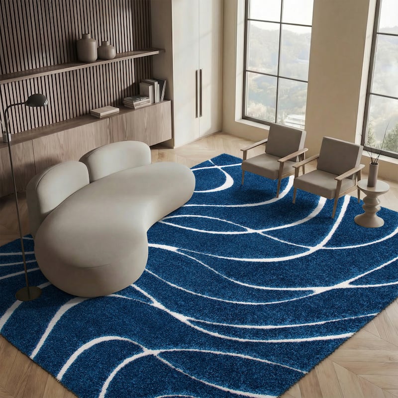 SAFAVIEH Florida Shag Staka Abstract Waves 1.2-inch Area Rug - 11' x 15' - Navy/Ivory
