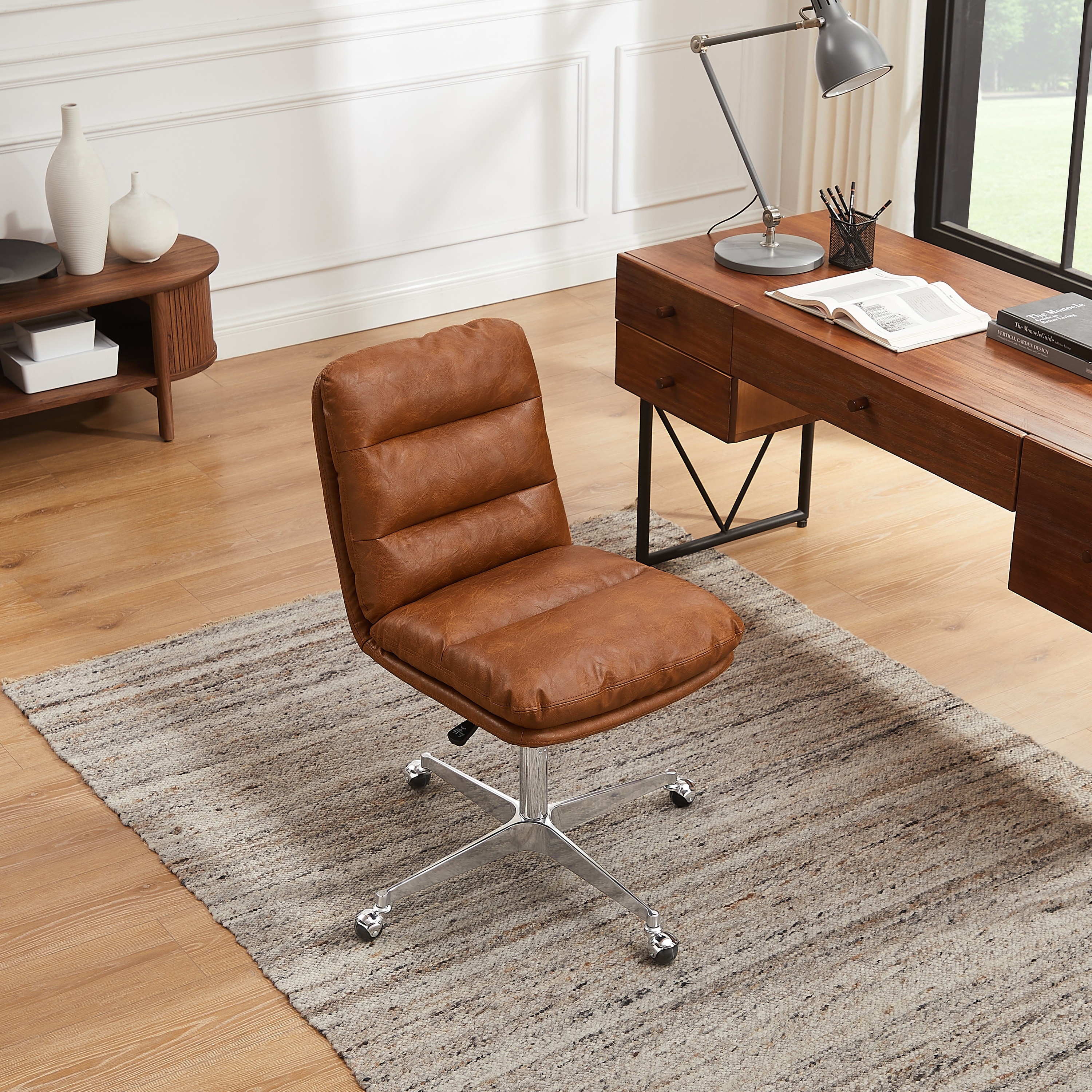 Art Leon Mid Century Modern Genuine Leather Home Office Desk Chair Brown Faux Leather