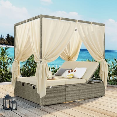 High Comfort Style Adjustable Sun Bed with Curtain for Patio, Balcony or Backyard