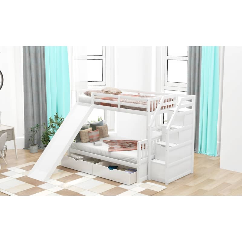 Roomfitters Twin over Full Bunk Bed with Storage, Drawers and Slide, Multifunctional Design
