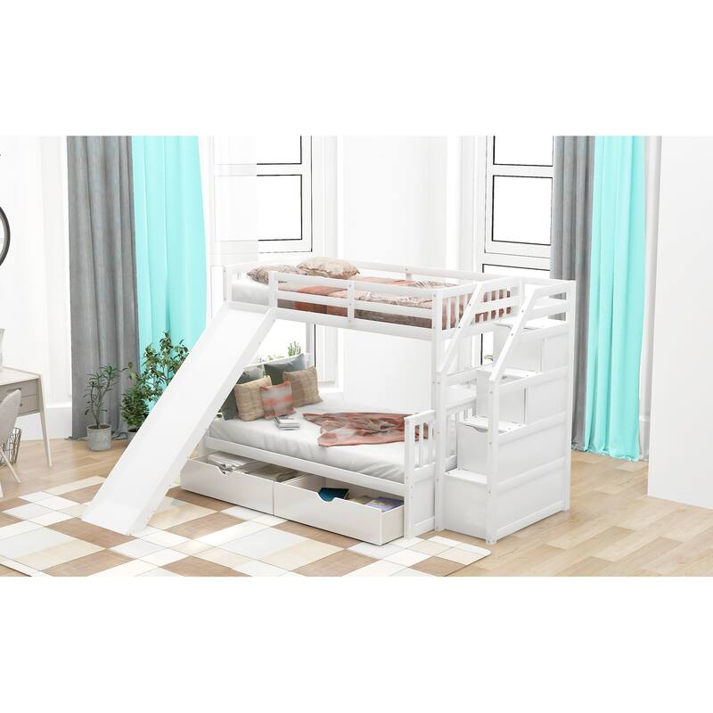 White Twin Over Full Bunk Bed with Two Drawers and Storage Staircase, Slide, High Guardrail, Ladder