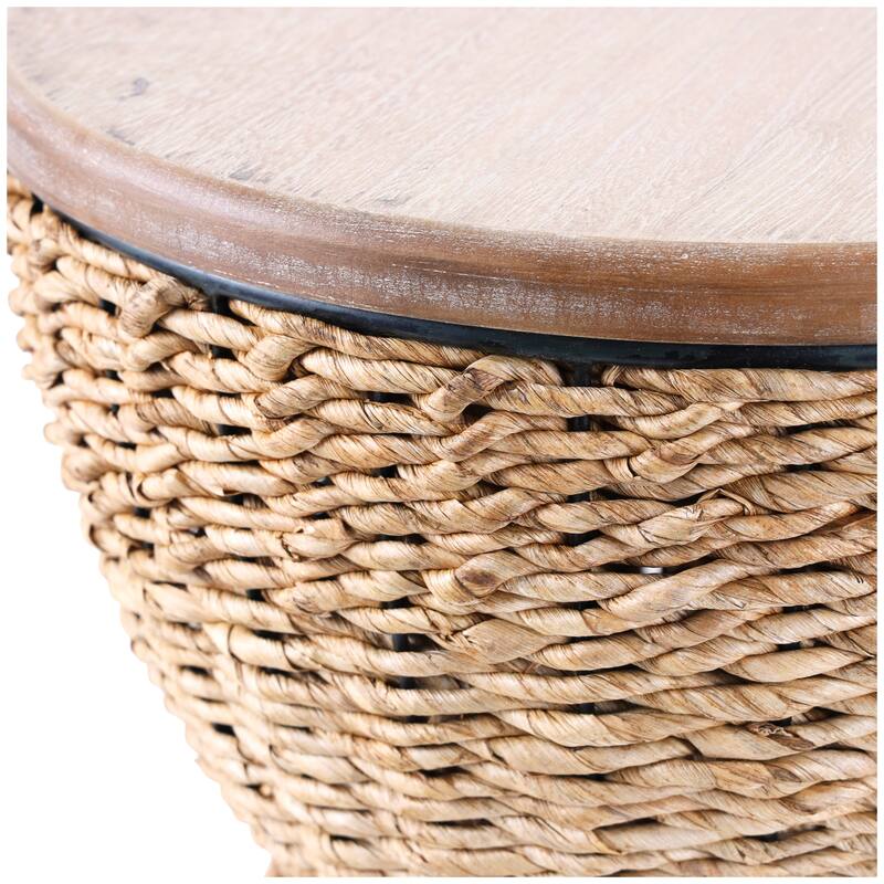 Light Brown or Brown Rattan Handmade Woven Side End Accent Table with Wood Tabletop and Black Frame