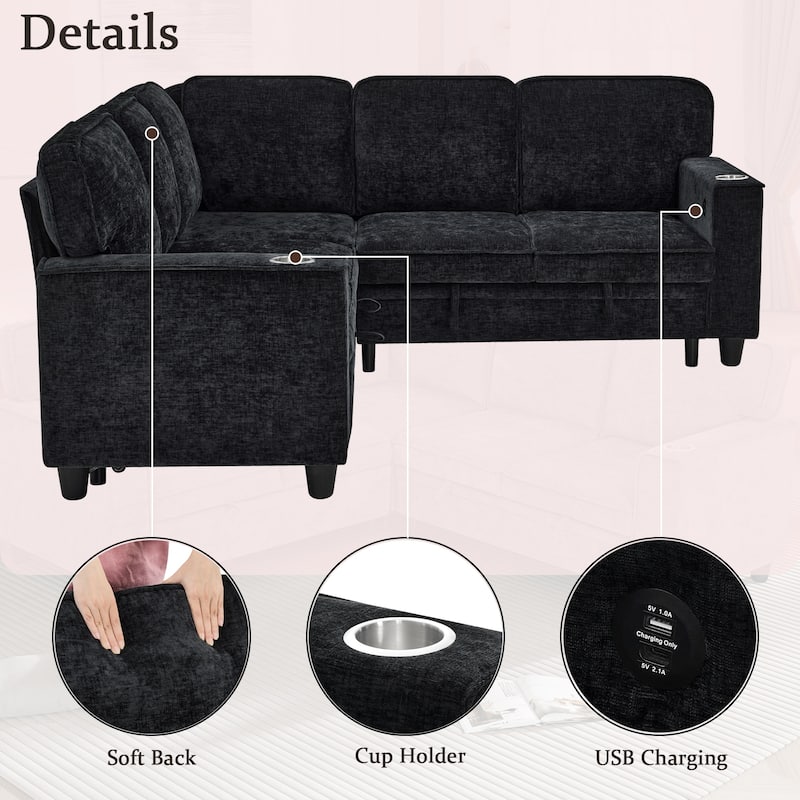81" Chenille L-Shaped Sofa Bed with Pull-Out Mattress, Storage and USB Charging, 5-Seater