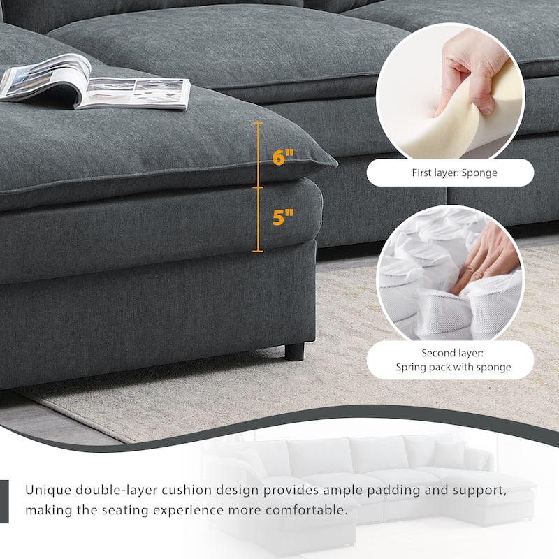 Oversized 134'' Modular U-Shaped 6 Seater Sectional Sofa with Double Cushions and Versatile Ottomans for Living Room
