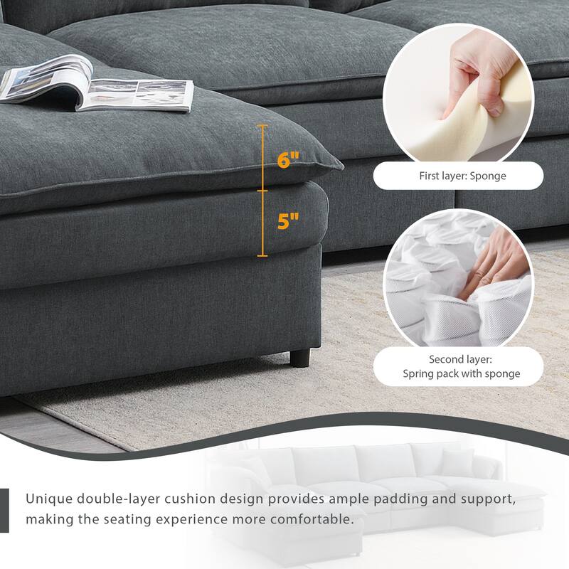 Sectional Sofa,U Shaped Cloud Couch Set with Double Cushions,6 Seat Sleeper Sofa Bed with Ottomans