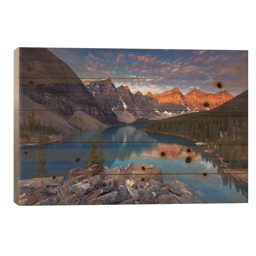 Moraine Lake Print On Wood by Sergio Lanza - Multi-Color