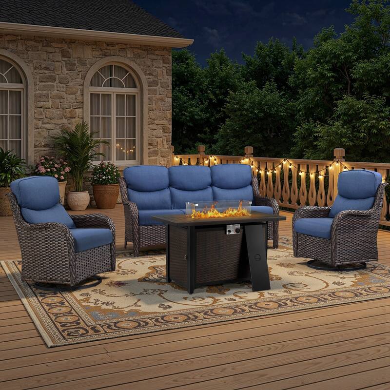 Meyreso 4-Piece Outdoor Patio Metal Fire Pit Wicker Conversation Set with 5-Inch Thick Olefin Cushions - Navy Blue Cushions - Brown Wicker