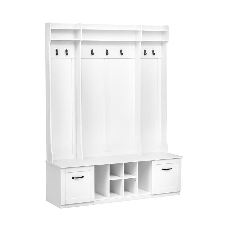 Modern Hall Tree Cabinet with Bench & Adjustable Shelves, Entryway Storage Cabinet Coat Rack with Walk-in Closet