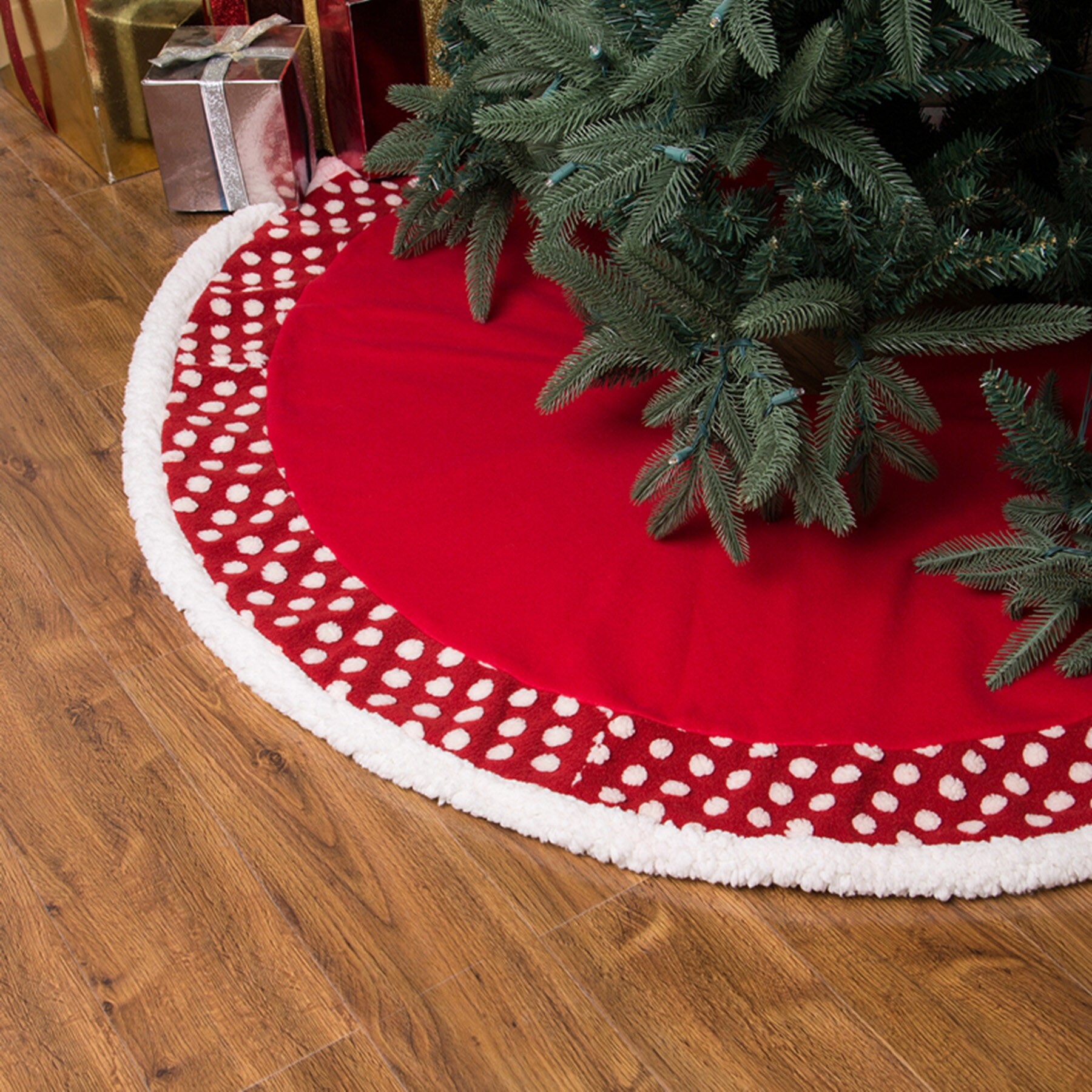 Glitzhome 48"D Fabric Merry Christmas Pompom Tree Skirts - 48"x 48"