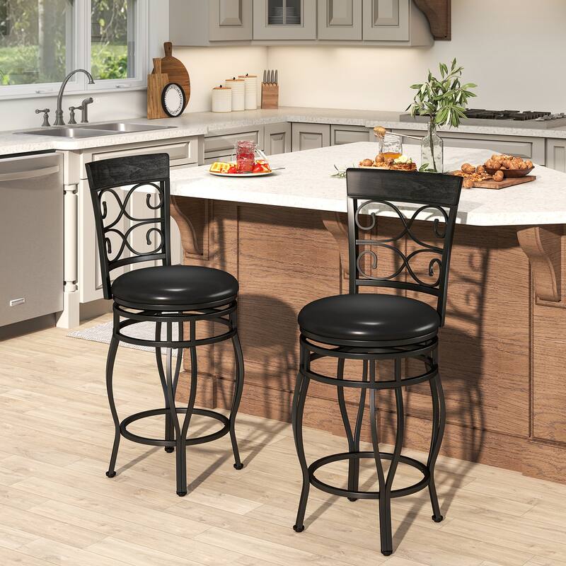 Set of 2 Swivel Bar Stools 26 Inch with Backrest and Footrest PU Leather - 19" x 16.5" x 45"
