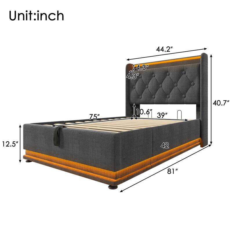 Twin Size Platform Bed Underbed Storage Bed with Wingback Tufted Headboard, USB and 360 Surround LED Strip, Linen Upholstered