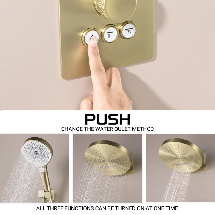 Wall-Mounted Thermostatic 12-in Rainfall and Waterfall Shower System With 3-way handshower