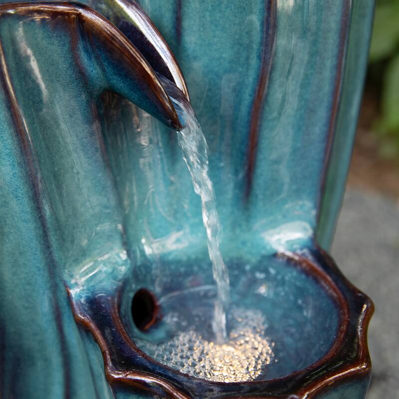 Glitzhome 29.5"H 4-Tiered Wavy Textured Outdoor Ceramic Floor Fountain with LED Light