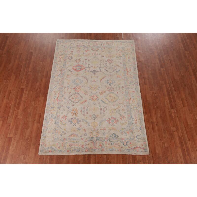 Hand Knotted Oriental 100% Wool Carpet Transitional All-Over Beige & Ivories Oushak Area Rug - 8' 9'' X 6' 0''