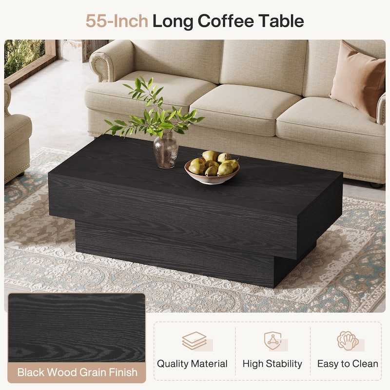 Modern Black Coffee Table, 55-Inch Rectangle Wooden Tea Table