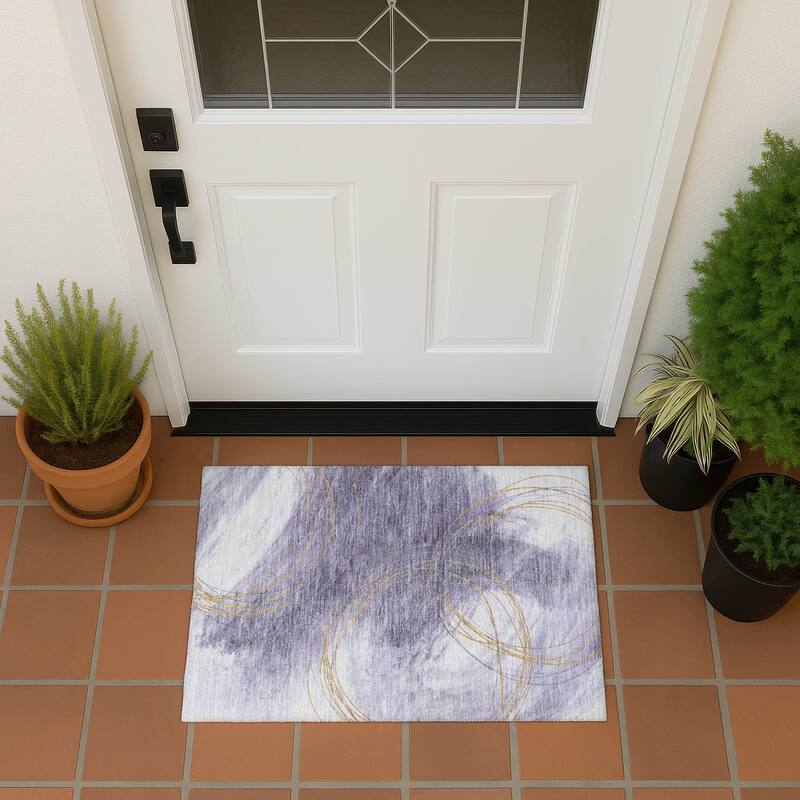 Machine Washable Indoor/ Outdoor Abstract Modern Chantille Rug - Purple - 1'8" x 2'6"