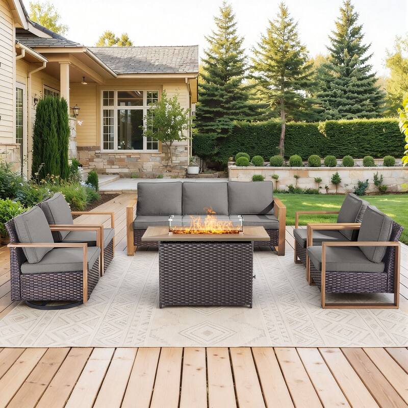 Meyreso Wicker Outdoor Patio Fire Pit Set with Swivel Gliders and Olefin Cushions