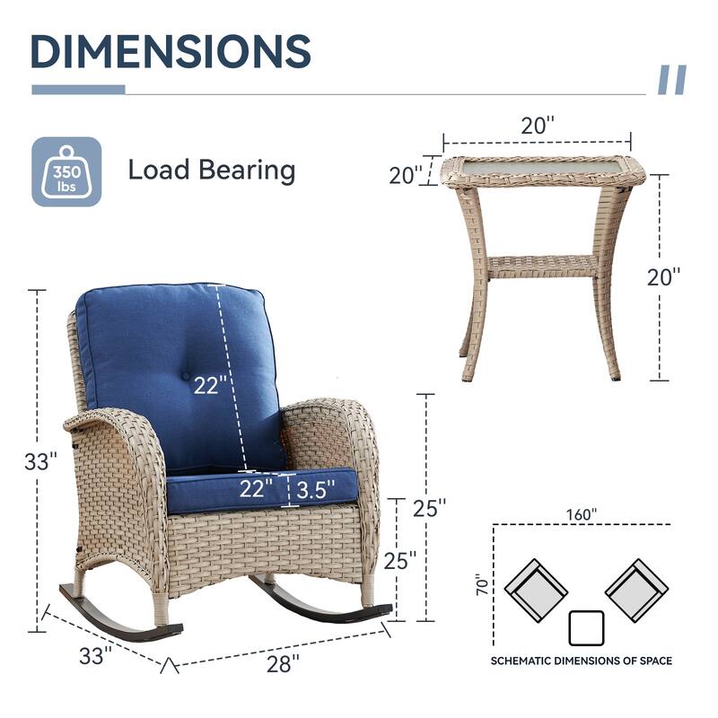 Gymojoy Patio Furniture Set PE Wicker Rocking Chairs & Side Table